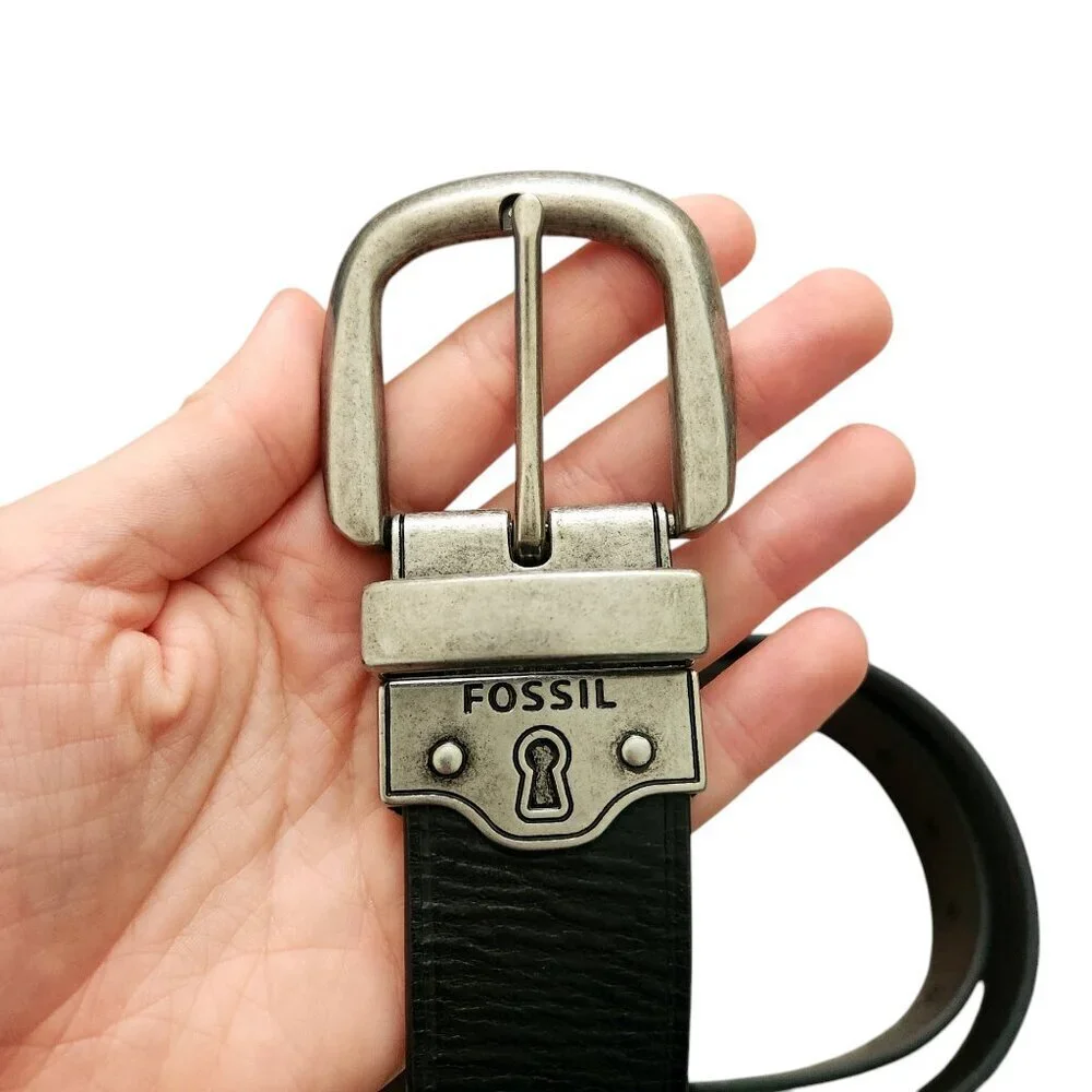 Fossil Keyhole Black Genuine Leather Aged Silver Tone Men's Belt Sz. L
